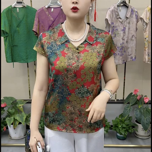 时尚妈妈仿真丝碎花衬衫短袖上衣