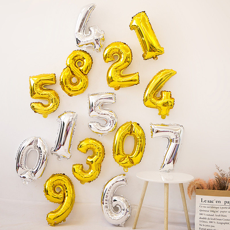 金银16寸中号数字卡通铝箔气球宝宝百天儿童周岁生日派对装饰布置