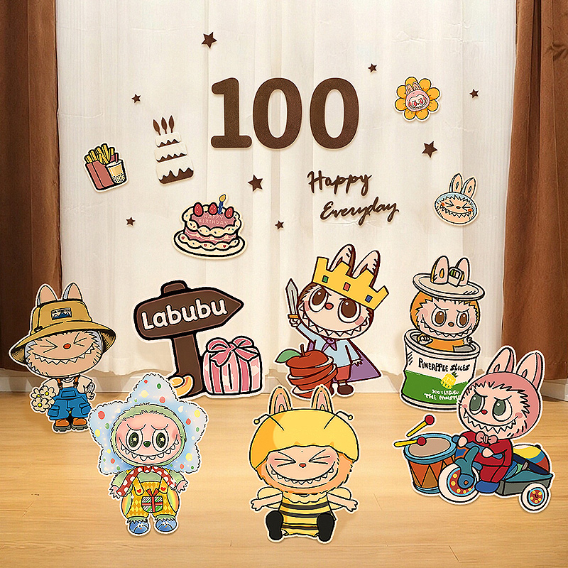 labubu主题百天宴满月装饰场景布置KT板背景周岁生日派对拍照道具