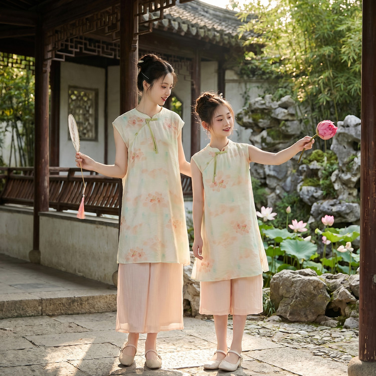 夏季新中式碎花母女汉服套装图片