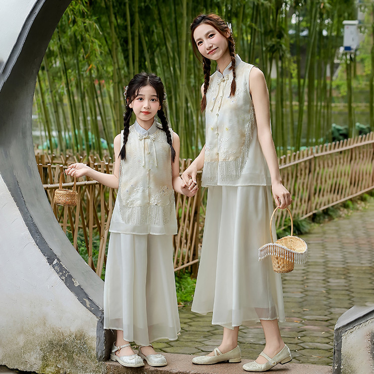 夏季古风刺绣立领母女凉感套装图片