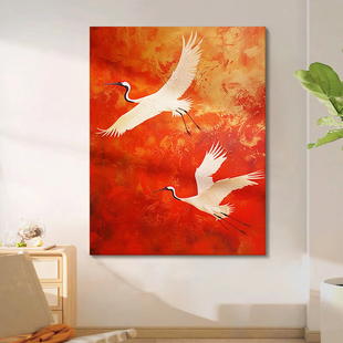 红色仙鹤手绘油画丹顶鹤新中式喜庆动物装饰画客厅挂画玄关肌理画