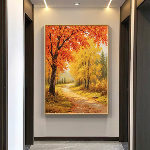 饰画轻奢高级感景红枫叶油画挂画 黄金大道纯手绘油画餐厅玄关装