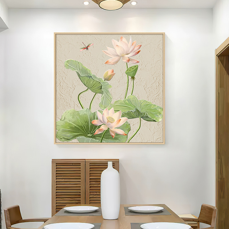 奶油风荷花玄关装饰画新中式卧室床头壁画餐厅挂画纯手绘肌理油画图片