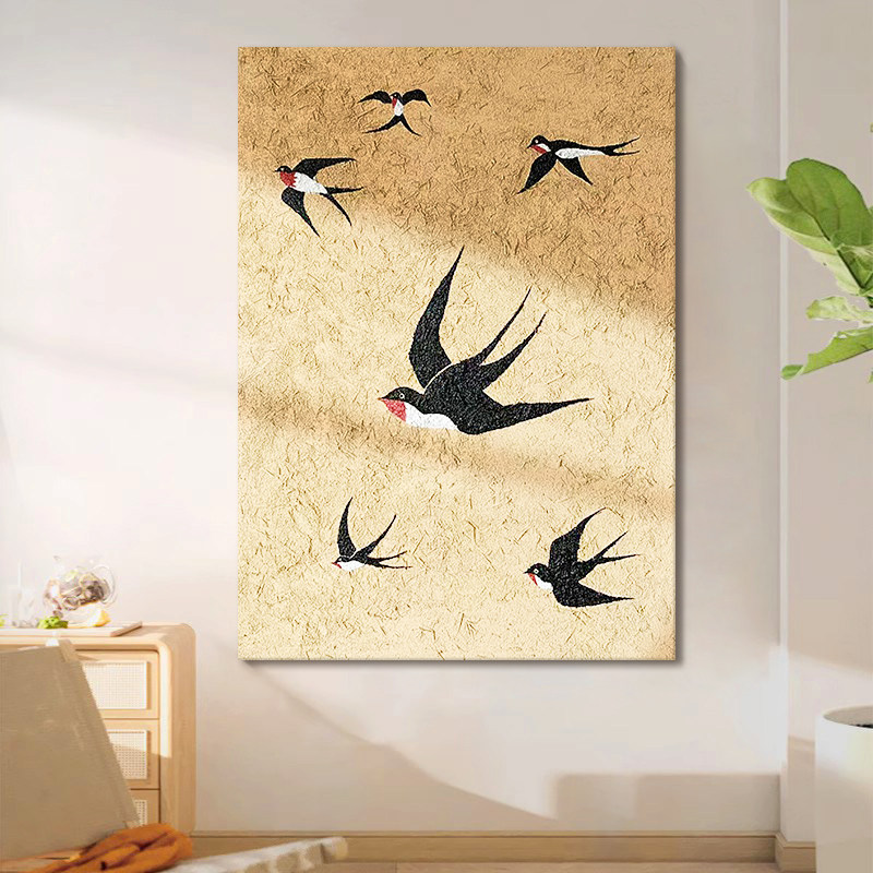中古风燕子手绘油画原木风黄色燕归来装饰画客厅玄关无框肌理挂画图片