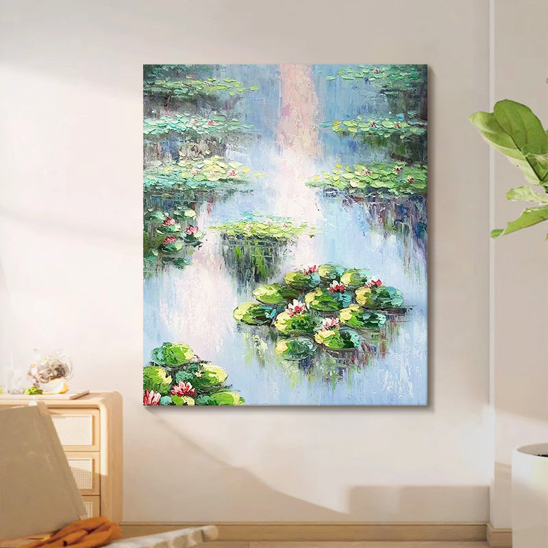 莫来睡莲纯手绘油画抽象印象派荷塘风景装饰画客厅挂画玄关肌理画