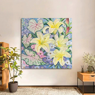 百合花手绘油画立体正方形花卉盛开花朵装饰画客厅挂画玄关肌理画