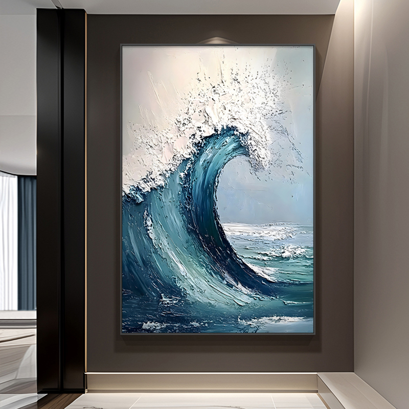 《碧海扬波》风生水起手绘油画蓝色海浪大芬村客厅玄关背景墙挂画