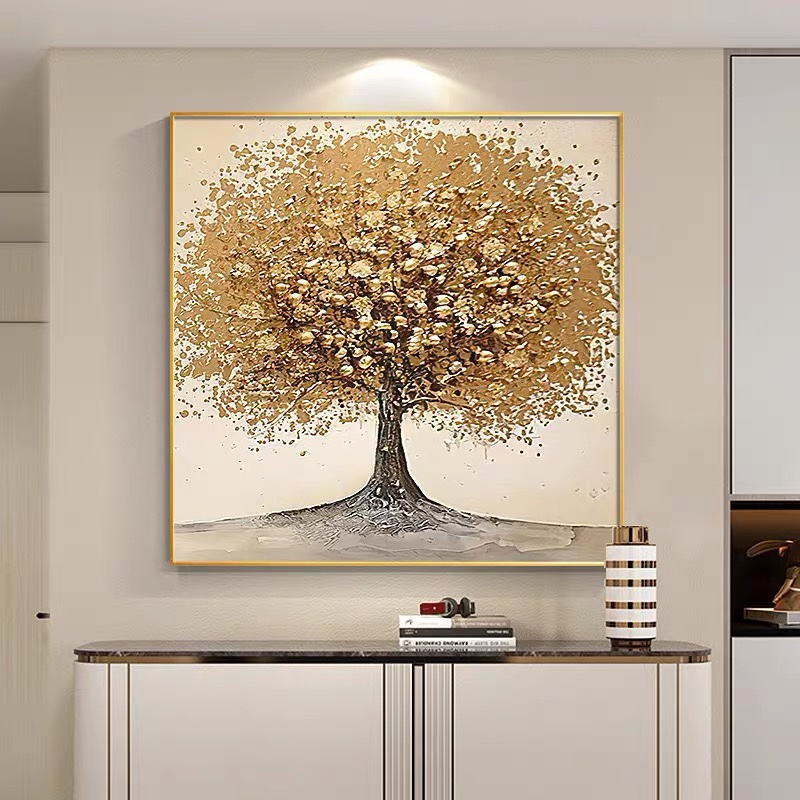发财树手绘油画麋鹿玄关柜上方装饰画金箔现代轻奢大芬村餐厅挂画图片
