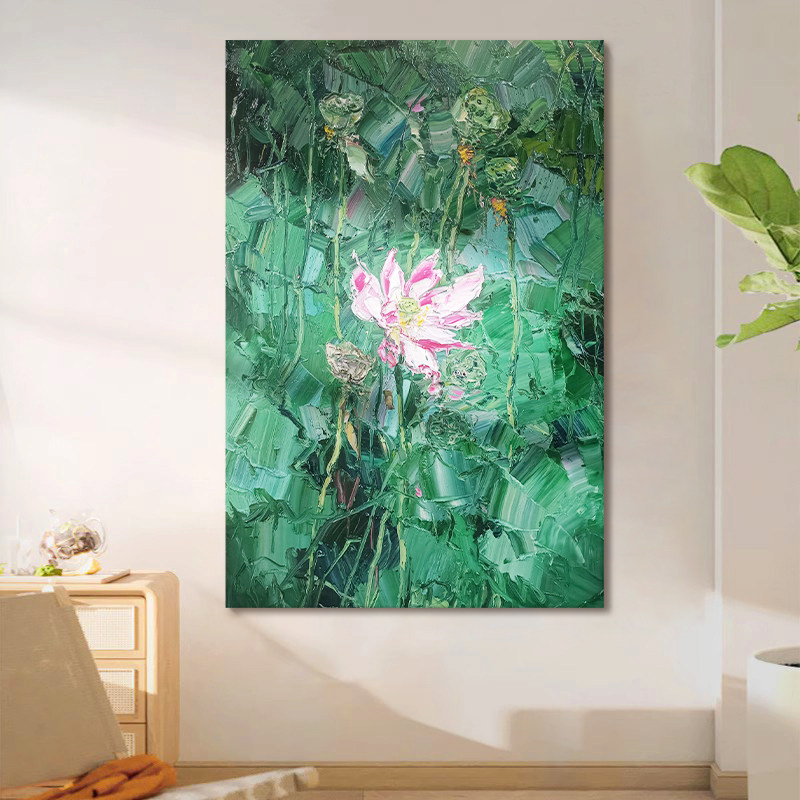 抽象莲花莲藕纯手绘油画绿色植物诧寂风装饰画客厅挂画玄关肌理画