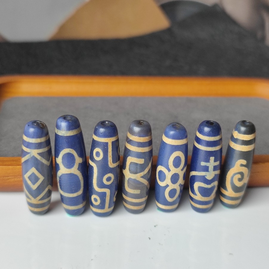 蓝玛瑙天珠吊坠真品蓝色九眼财神三眼蓝玉髓玛瑙锁骨链项链吊坠