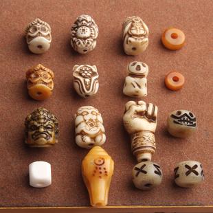 保真天然牦牛骨材质藏式手工雕刻尸陀林主骷髅配珠阿呆文玩隔珠