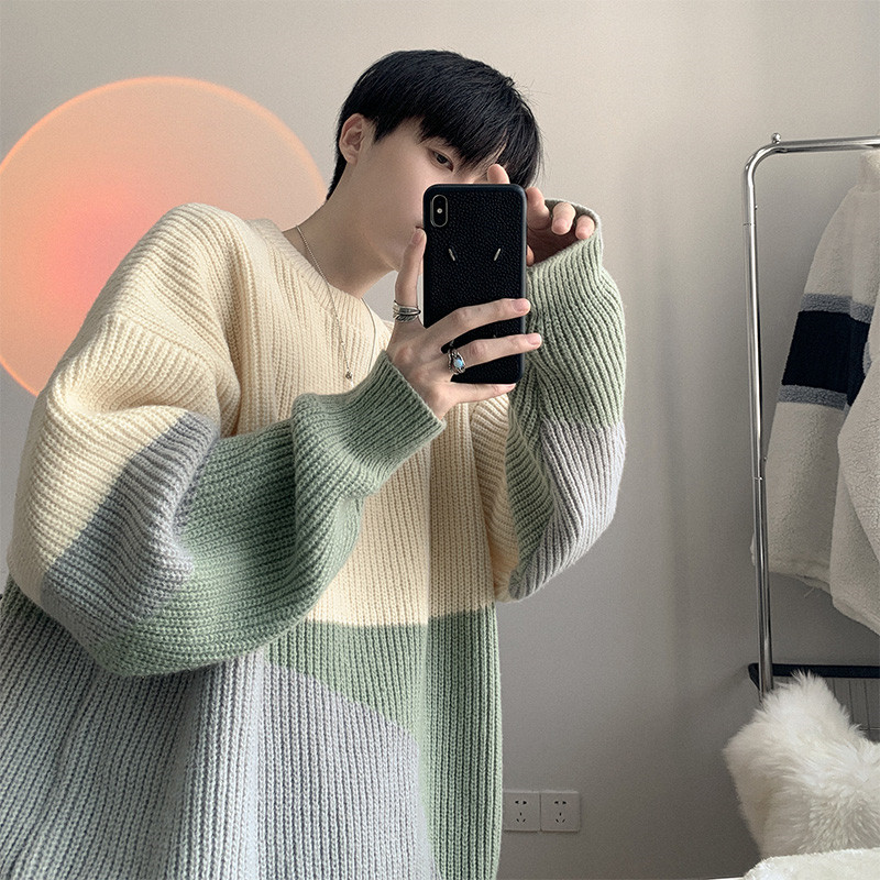 撞色毛衣男2022秋冬小众设计感