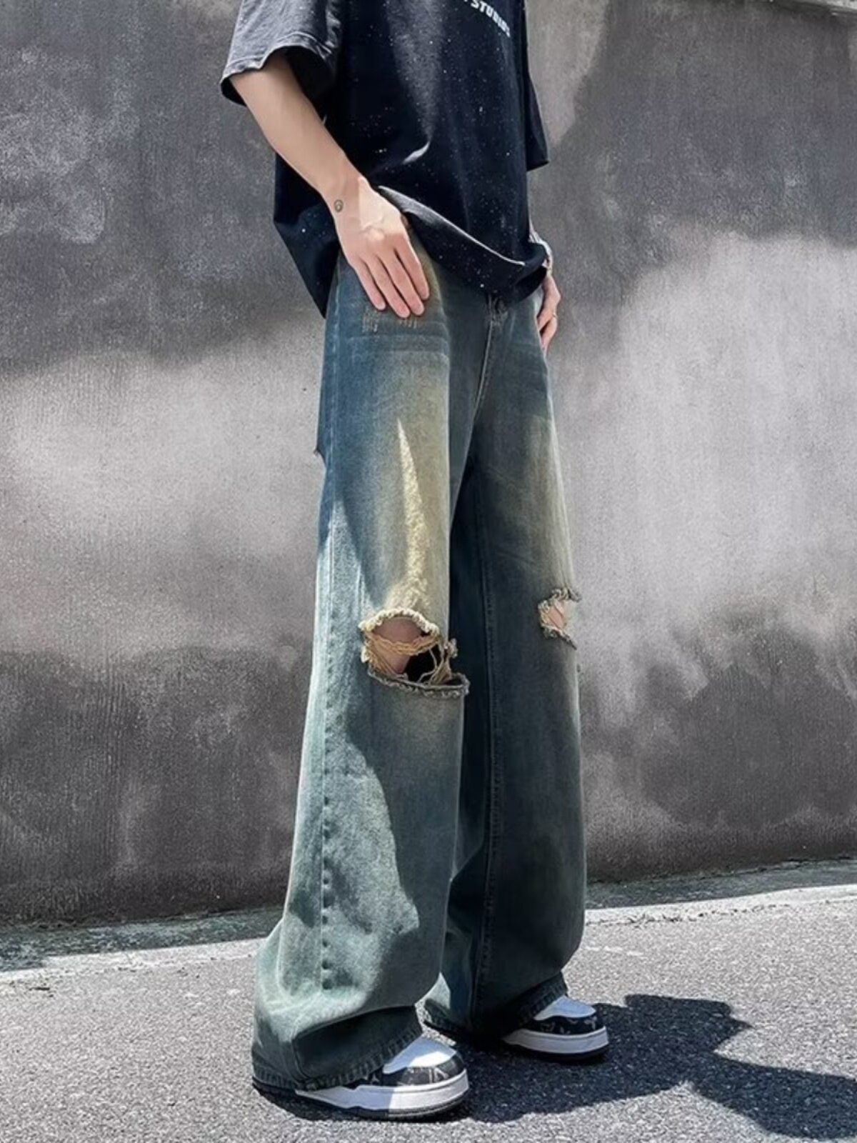 美式高街vibe做旧膝盖破洞牛仔裤男复古潮流宽松直筒阔腿百搭裤子