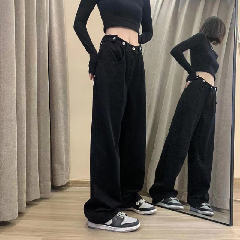 黑色阔腿牛仔裤男生潮牌高腰