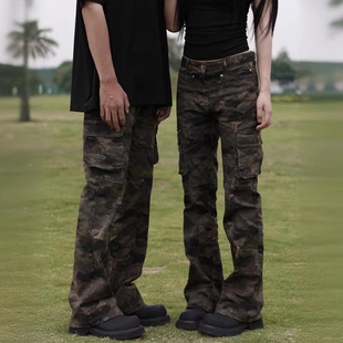 2026春季新款户外风复古微喇迷彩工装裤男女款休闲显高裤子潮流风