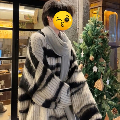 美式黑白条纹马海毛毛衣男款