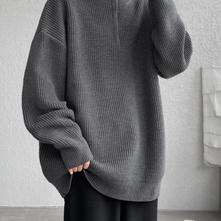 灰色半拉链毛衣男款秋冬季宽松慵懒痞帅半高立领内搭针织衫外套男