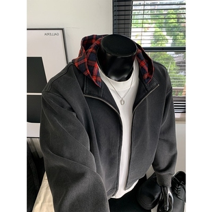 cleanfit假两件外套boxy拉链夹克 秋冬季 美式 复古水洗拼接卫衣男款