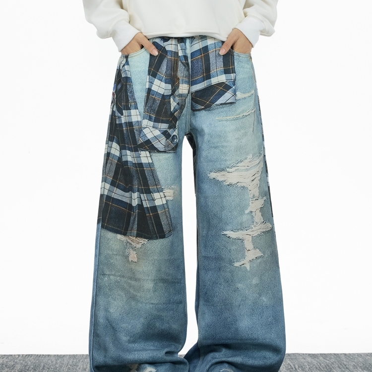 格纹立体3D打印弯刀牛仔裤