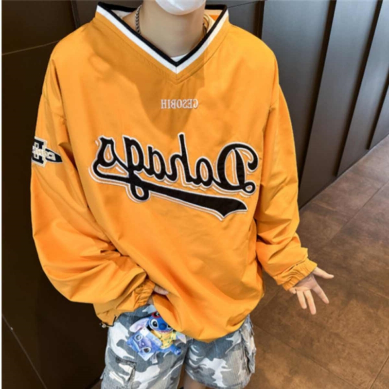 欧美街头运动宽松高街v领球衣休闲卫衣ins复古中性潮牌情侣长袖衣