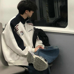 美式 撞色拼接运动夹克男春秋vintage情侣卫衣痞帅条纹棒球服外套