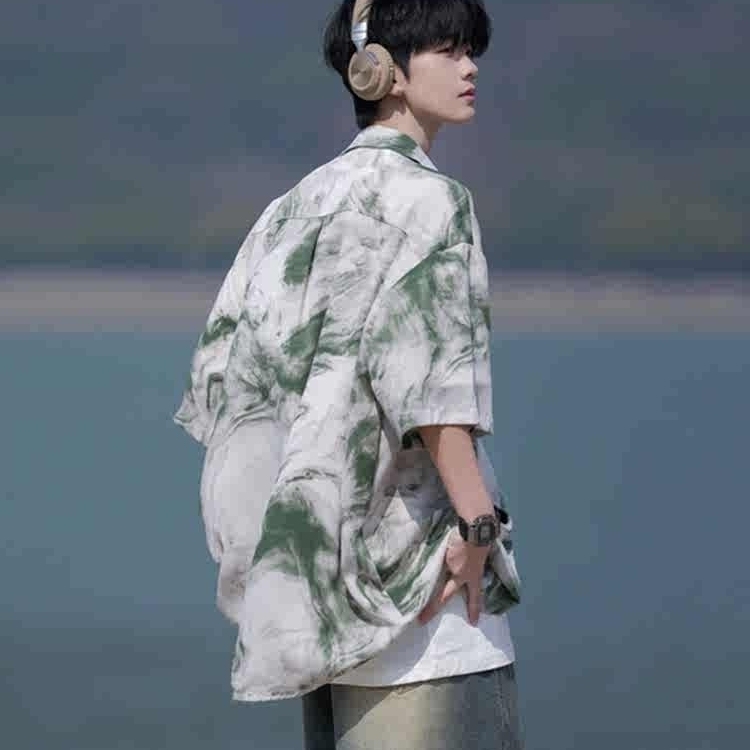 扎染防晒短袖衬衫男士2025夏季海边花衬衣大码宽松潮牌沙滩薄外套