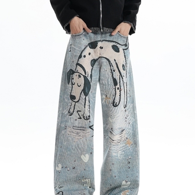斑点狗印花牛仔裤男女秋季