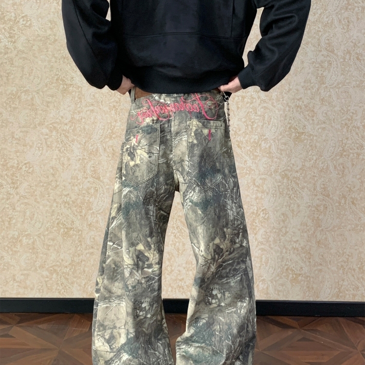 美式复古树枝迷彩工装牛仔裤