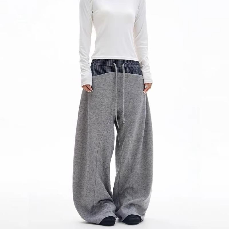 慵懒松弛格子拼接灰色阔腿弯刀卫裤2026春季新款垂坠感男女休闲裤,男装,卫裤,淘宝优惠券,粉丝福利购,淘宝优惠卷
