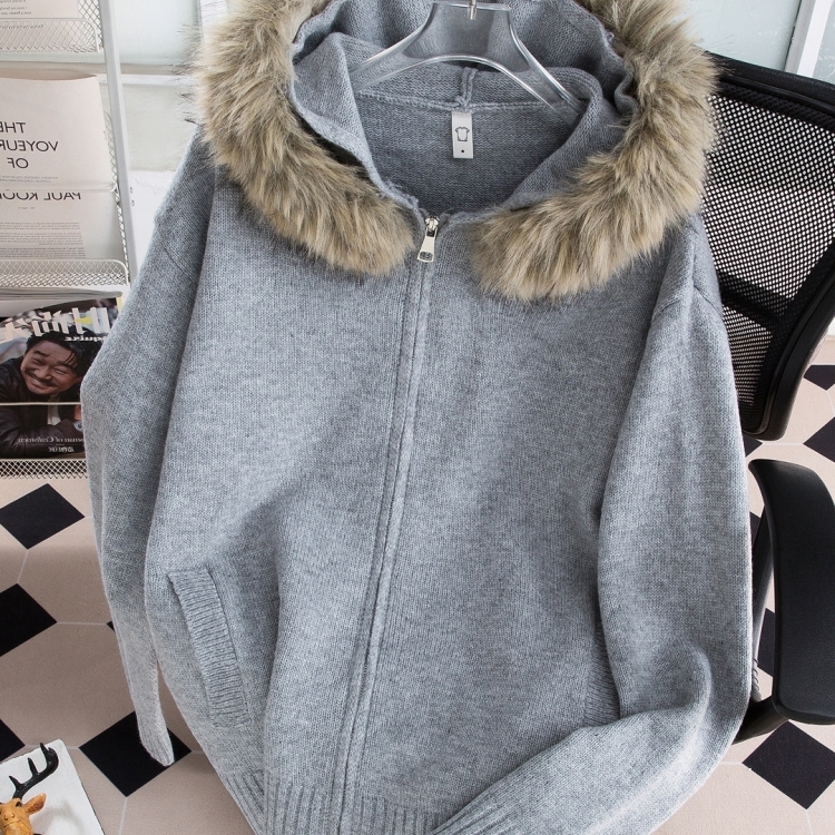 大毛领连帽针织衫毛衣男女同款
