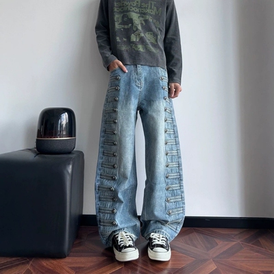 美式宫廷风双排扣阔腿牛仔裤
