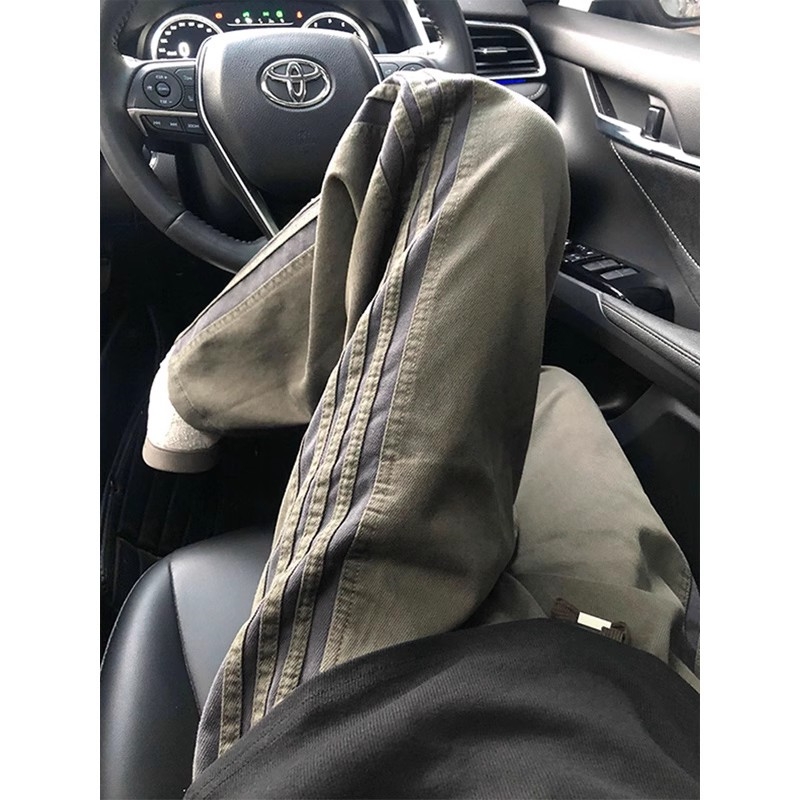 军绿色三条杠条纹裤子男秋冬