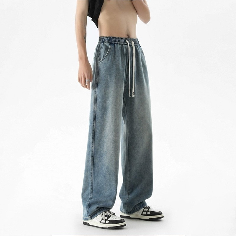 浅蓝色美式牛仔裤男款宽松直筒抽绳松紧腰裤子春秋垂感休闲阔腿裤,男装,卫裤,淘宝优惠券,粉丝福利购,淘宝优惠卷