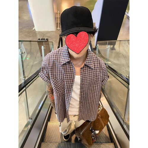老钱风格子刺绣短袖衬衫
