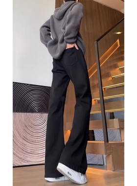 美式高街vibe裤子加长版黑色弯刀牛仔裤秋冬款直筒修身微喇裤男生