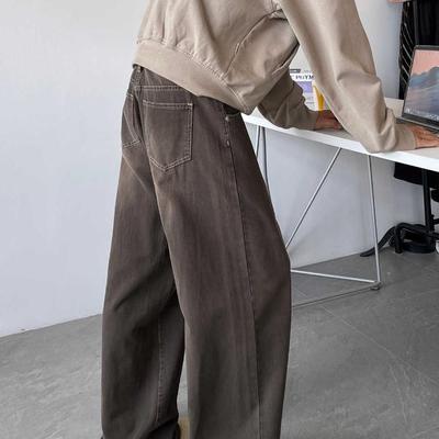 美式复古棕色牛仔裤男秋季