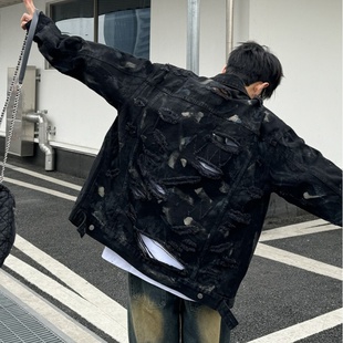 巴家破坏风牛仔夹克小众设计师男秋高级感外套美式 复古破洞牛仔衣