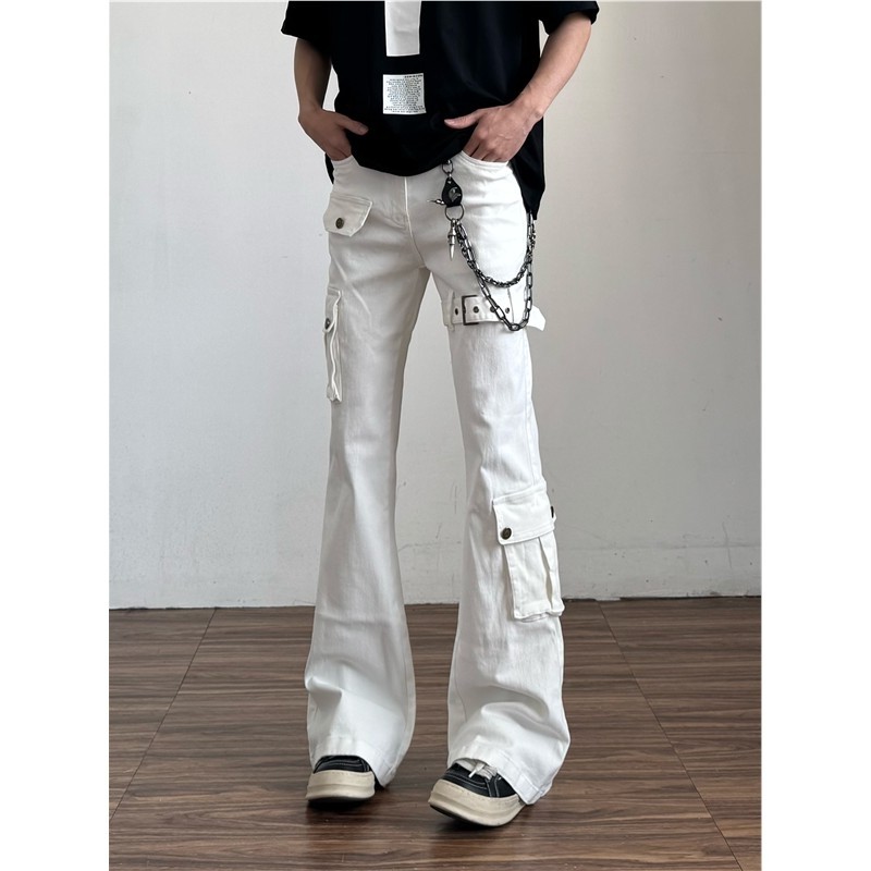 美式牛仔裤工装裤男生款春季绑带设计感高街喇叭微喇白色cleanfit,男装,卫裤,淘宝优惠券,粉丝福利购,淘宝优惠卷