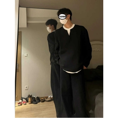 美式复古假两件V领长袖T恤