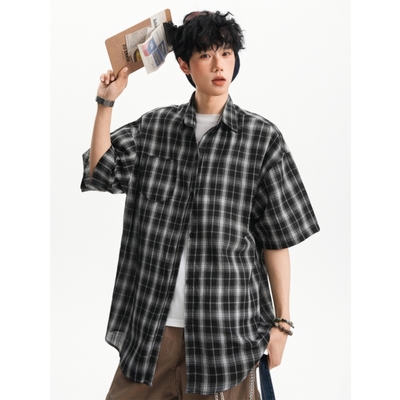 日系松弛感格子短袖衬衫男女