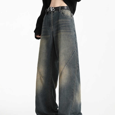 水波纹加长牛仔裤男夏季