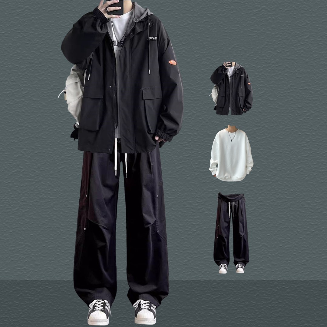 春秋男生套装假两件连帽夹克外套初高中生冲锋衣三件套工装穿搭潮