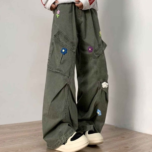 美式复古军绿色花朵刺绣工装裤男女夏季新款设计感高腰直筒阔腿裤