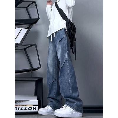 褶皱蓝色牛仔裤男款秋季