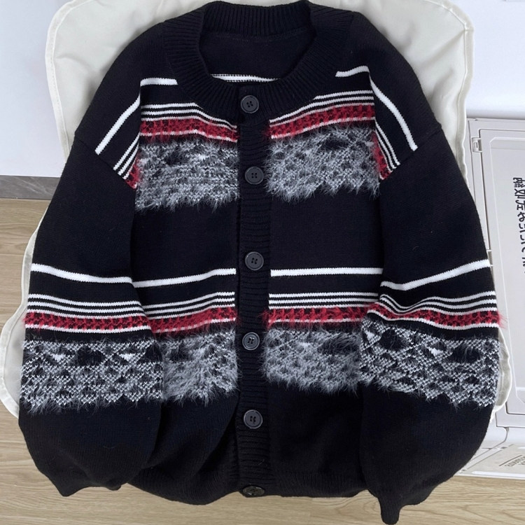 冬季撞色条纹仿貂绒针织开衫