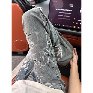 子显瘦直筒长裤 美式 潮牌显腿长高街vibe裤 男款 复古涂鸦泼墨牛仔裤