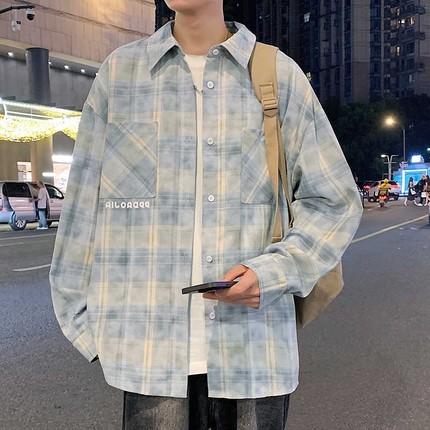 格子长袖衬衫男款夏季美式青少年防晒衬衣宽松高级感休闲工装外套