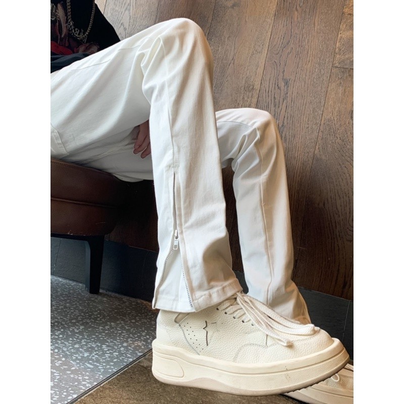 白色修身牛仔裤男秋季美式