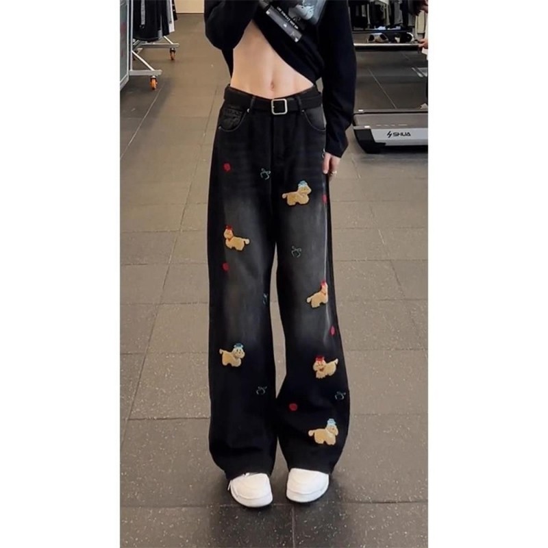 黑色小狗刺绣牛仔裤男款秋冬痞帅炸街裤子美式高街vibe弯刀微喇裤,男装,卫裤,淘宝优惠券,粉丝福利购,淘宝优惠卷